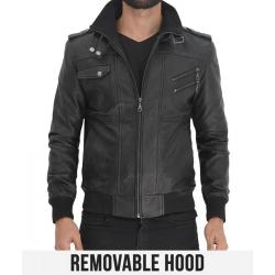Ferndale Black Hooded Bomber Leather Jacket	