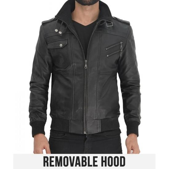 Ferndale Black Hooded Bomber Leather Jacket