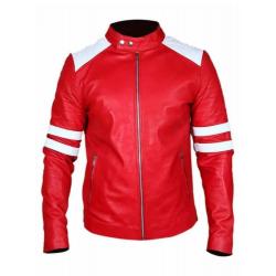 Fight Club Brad Pitt Leather Coat Jacket Red and White Strip	