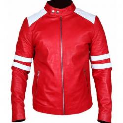 Fight Club Brad Pitt Leather Coat Jacket Red and White Strip	 Fight Club Brad Pitt Leather Coat Jacket Red and White Strip