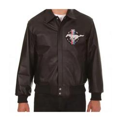 Embroidered Ford Mustang Bomber Black Leather Jacket	