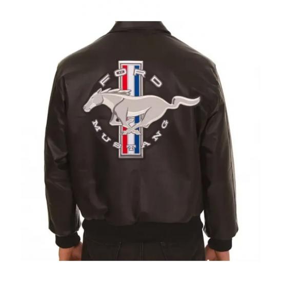 Embroidered Ford Mustang Bomber Black Leather Jacket