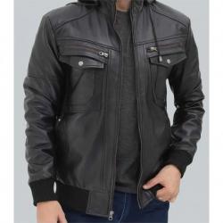 Frank Mens Black Leather Hooded Bomber Jacket	 Frank Mens Black Leather Hooded Bomber Jacket