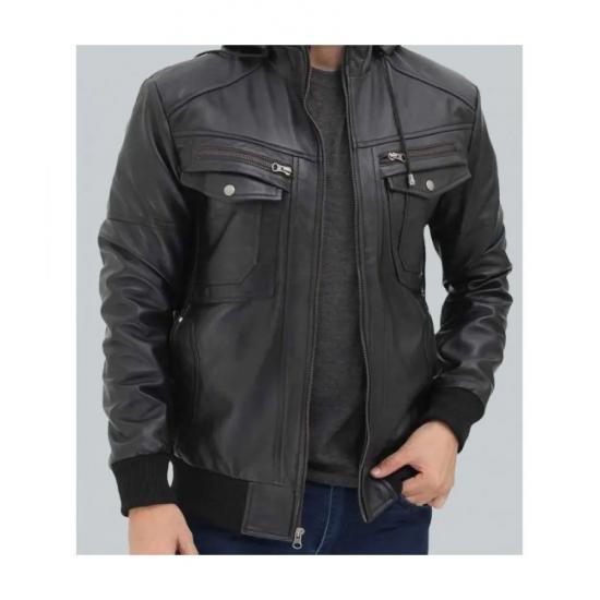 Frank Mens Black Leather Hooded Bomber Jacket