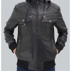 Frank Mens Black Leather Hooded Bomber Jacket	 Frank Mens Black Leather Hooded Bomber Jacket