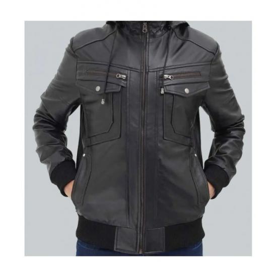 Frank Mens Black Leather Hooded Bomber Jacket