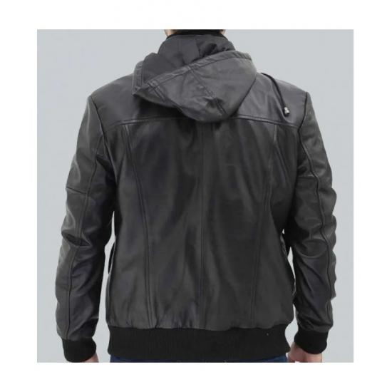 Frank Mens Black Leather Hooded Bomber Jacket