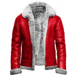 Holiday Christmas Red A2 Bomber Aviator With Artificial Fur Collar Genuine Leather Jacket	