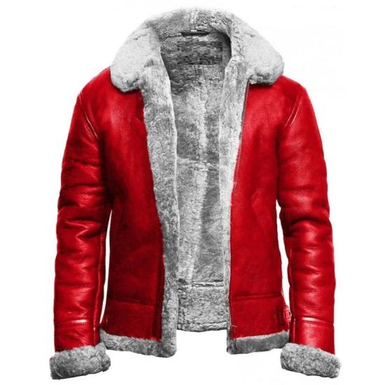 Holiday Christmas Red A2 Bomber Aviator With Real Fur Collar Genuine Leather Jacket