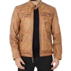Johnson Quilted Distressed Camel Leather Jacket Mens	