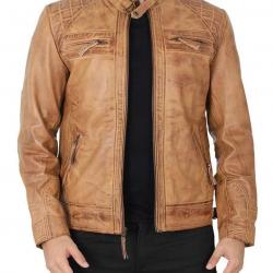 Johnson Quilted Distressed Camel Leather Jacket Mens	