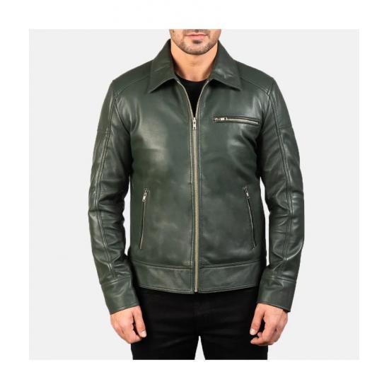 Lavendard Green Leather Biker Jacket