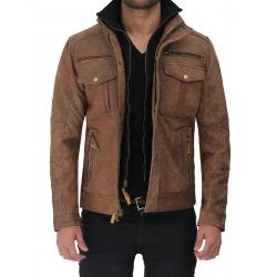Light Brown Six Pocket Distressed Leather Jacket	